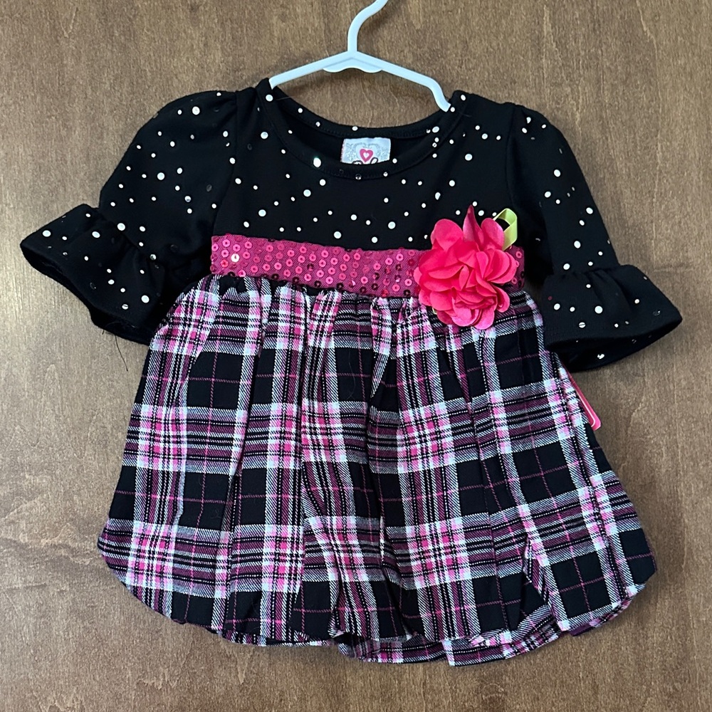 NWT Real Love Baby Black and Pink Plaid Dress with Flower Accent